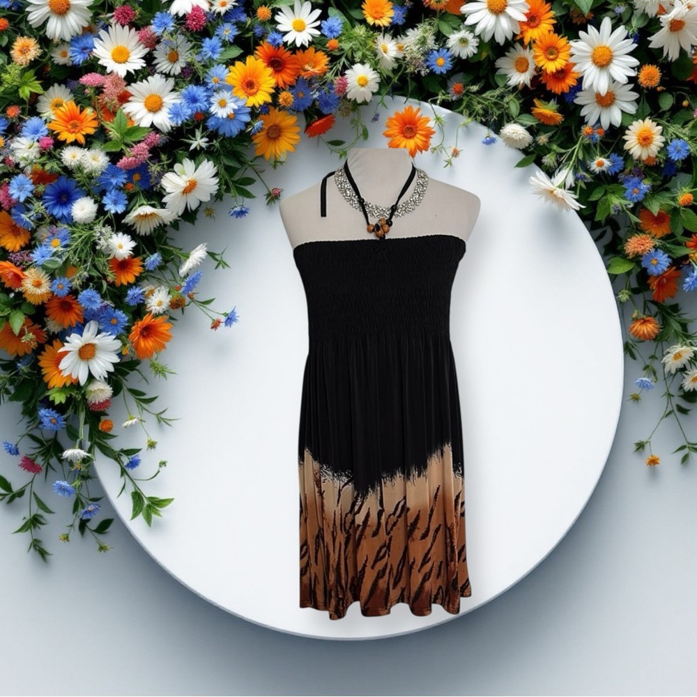 Cristinalove NWOT Black and Orange Smocked Strapless Sundress xl
